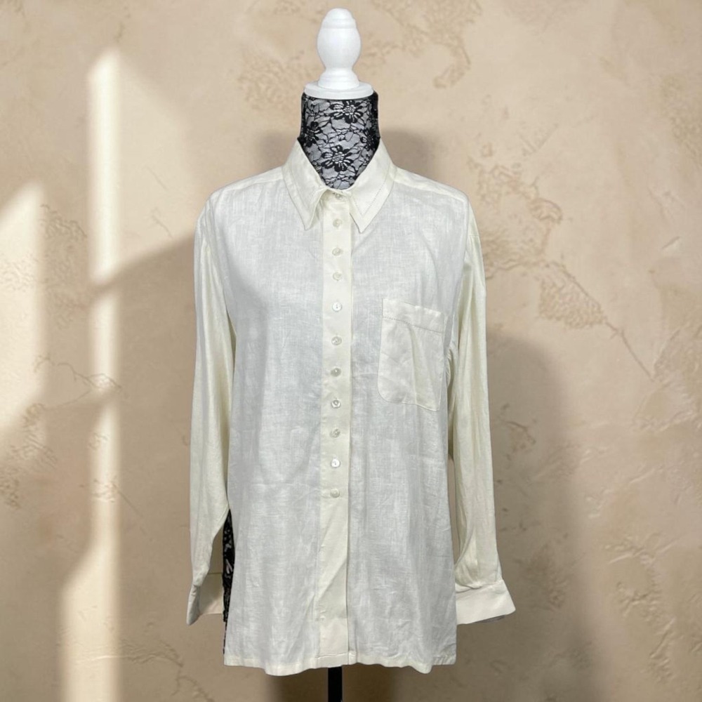 Vintage Linen Button Front Shirt Collared Long Sleeve Minimalist Casual Medium